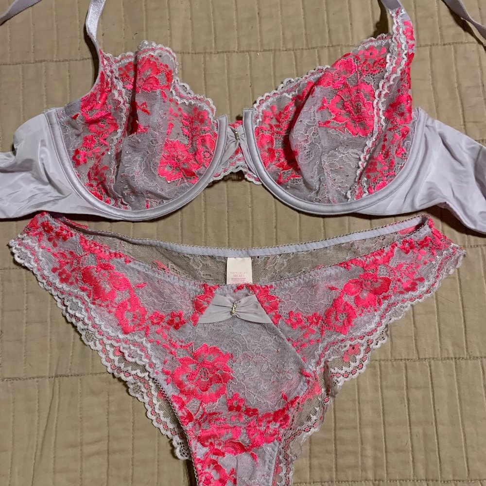 Victoria's Secret Unlined Pink and Lavender 34DD Demi Bra and Small Panty Set - Picture 1 of 8